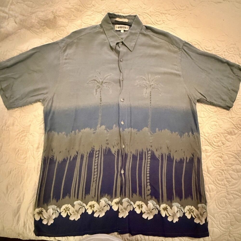 Campia Moda Mens Large Hawaiian Shirt Rayon Blue Green Palm Trees Lei Flowers L